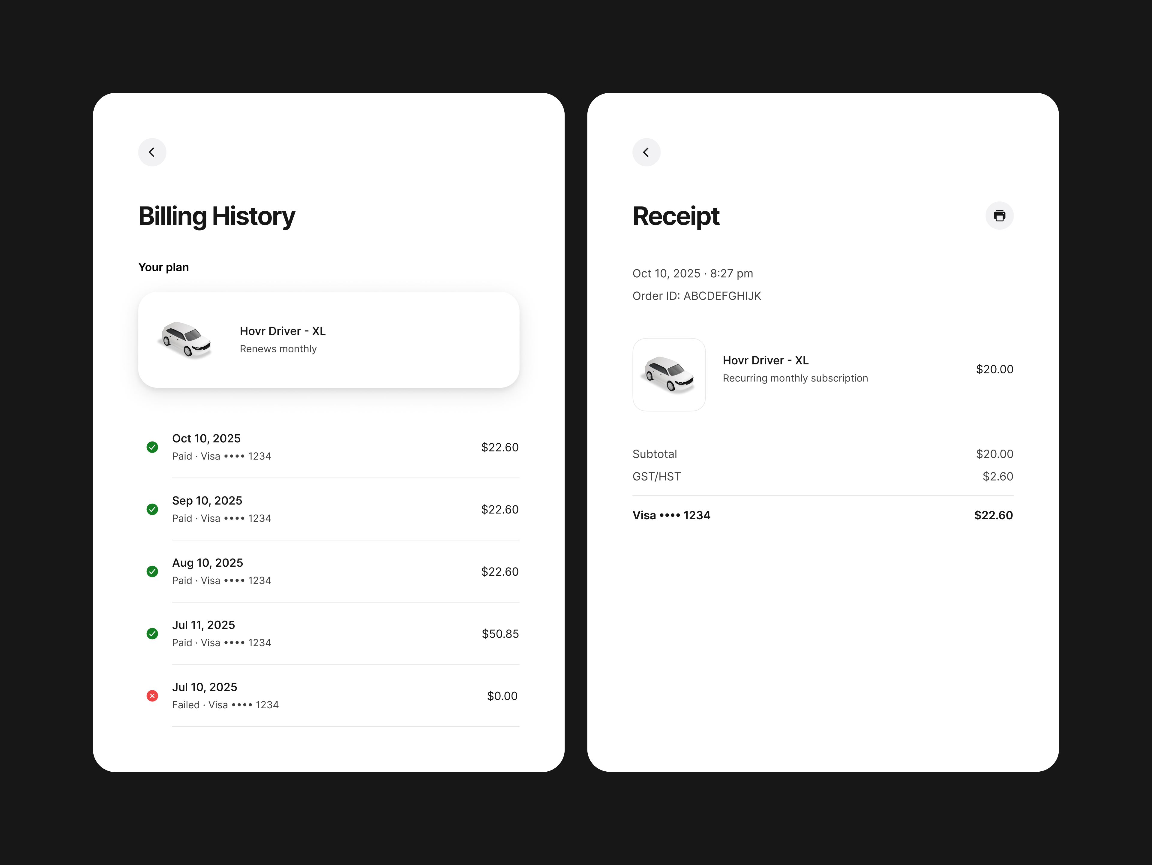 The Hovr web portal billing screen