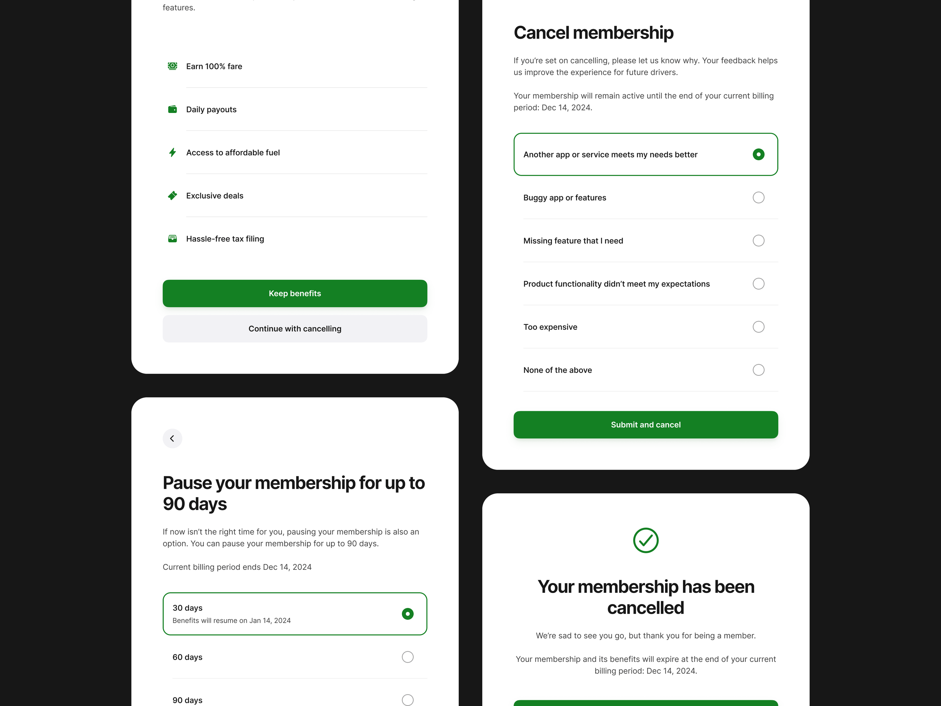 The Hovr web portal cancellation flow