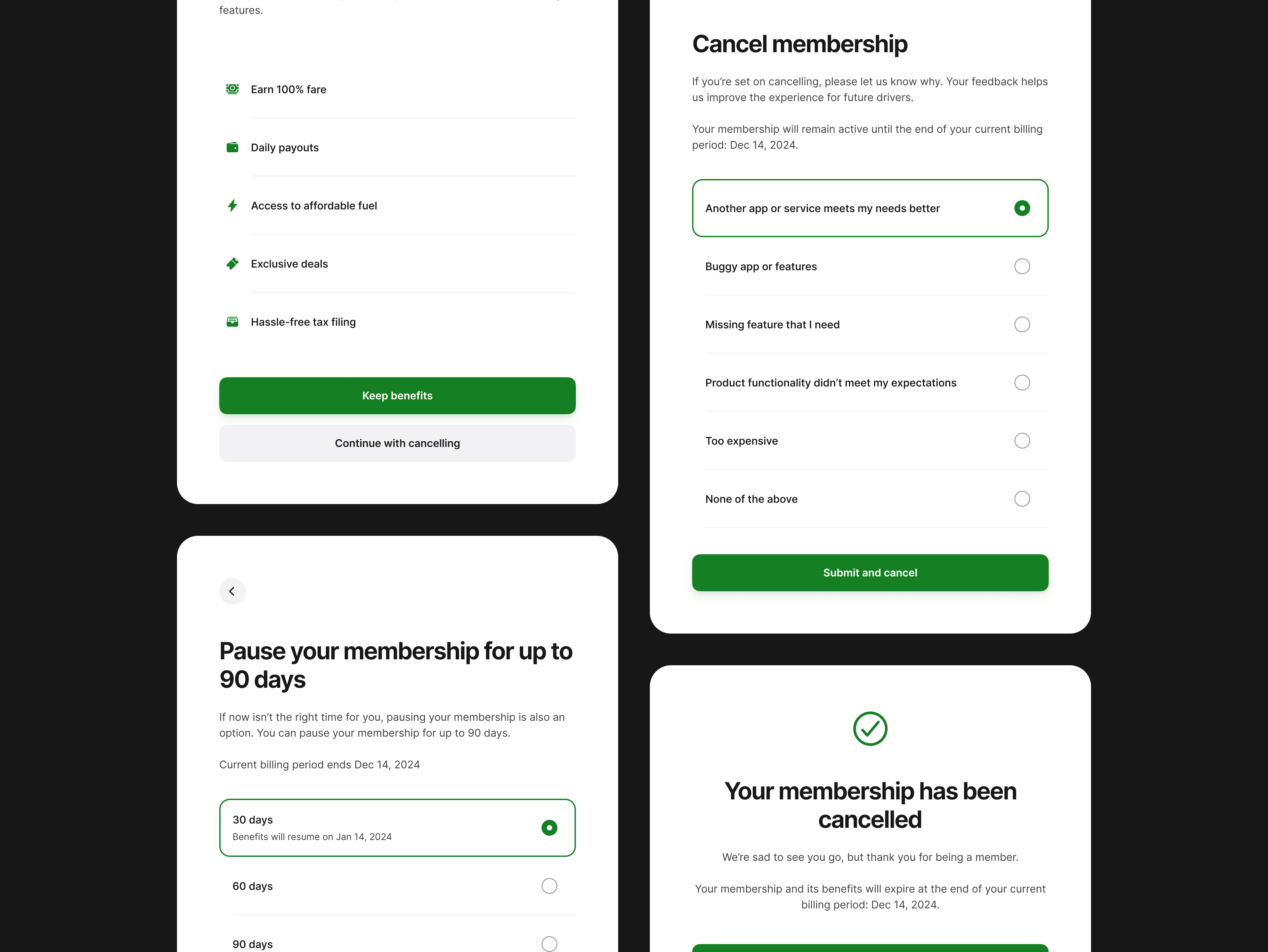 The Hovr web portal cancellation flow