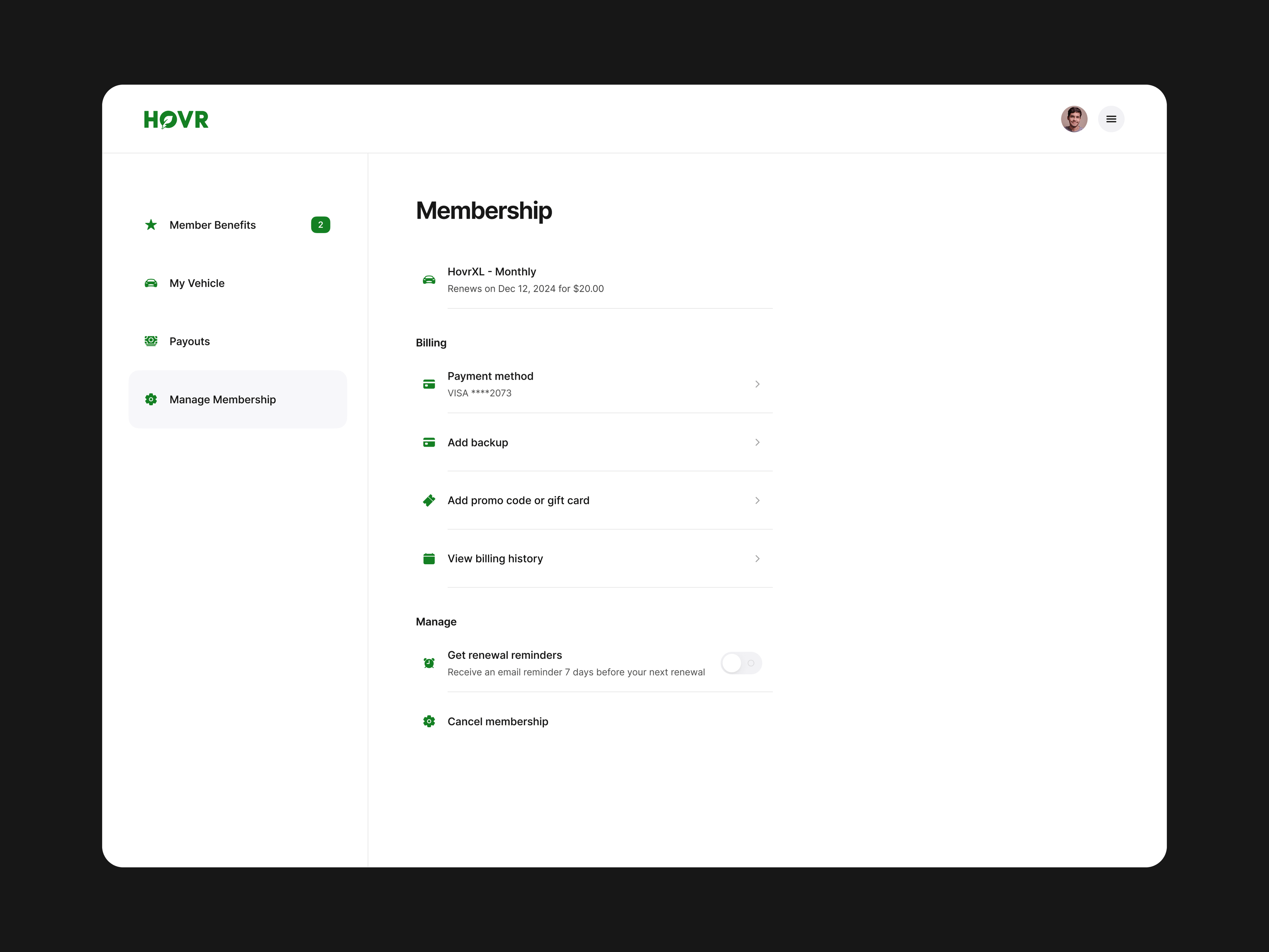 The Hovr web portal membership management screen