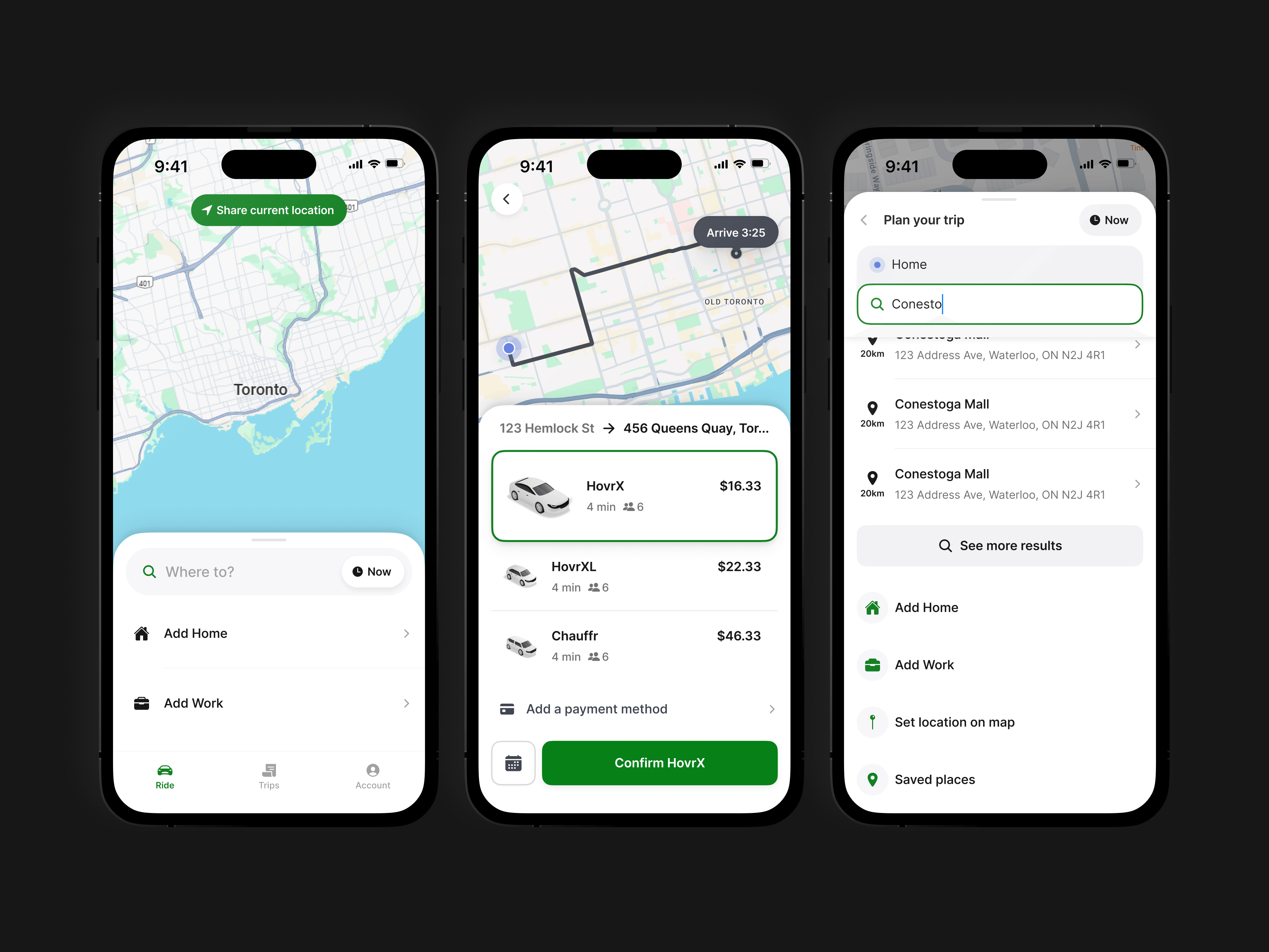 The Hovr rider app ride screen
