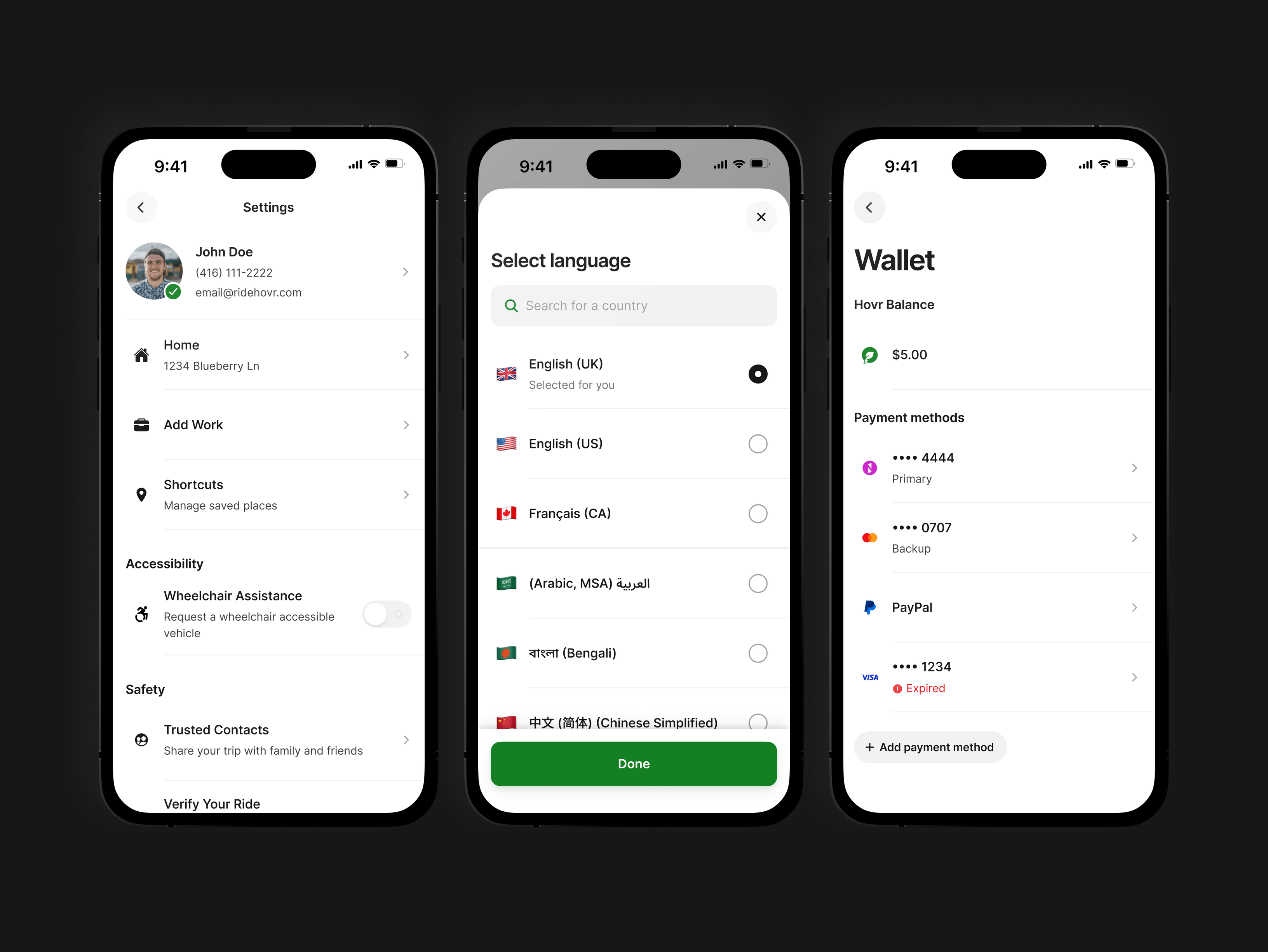 The Hovr rider app settings screen