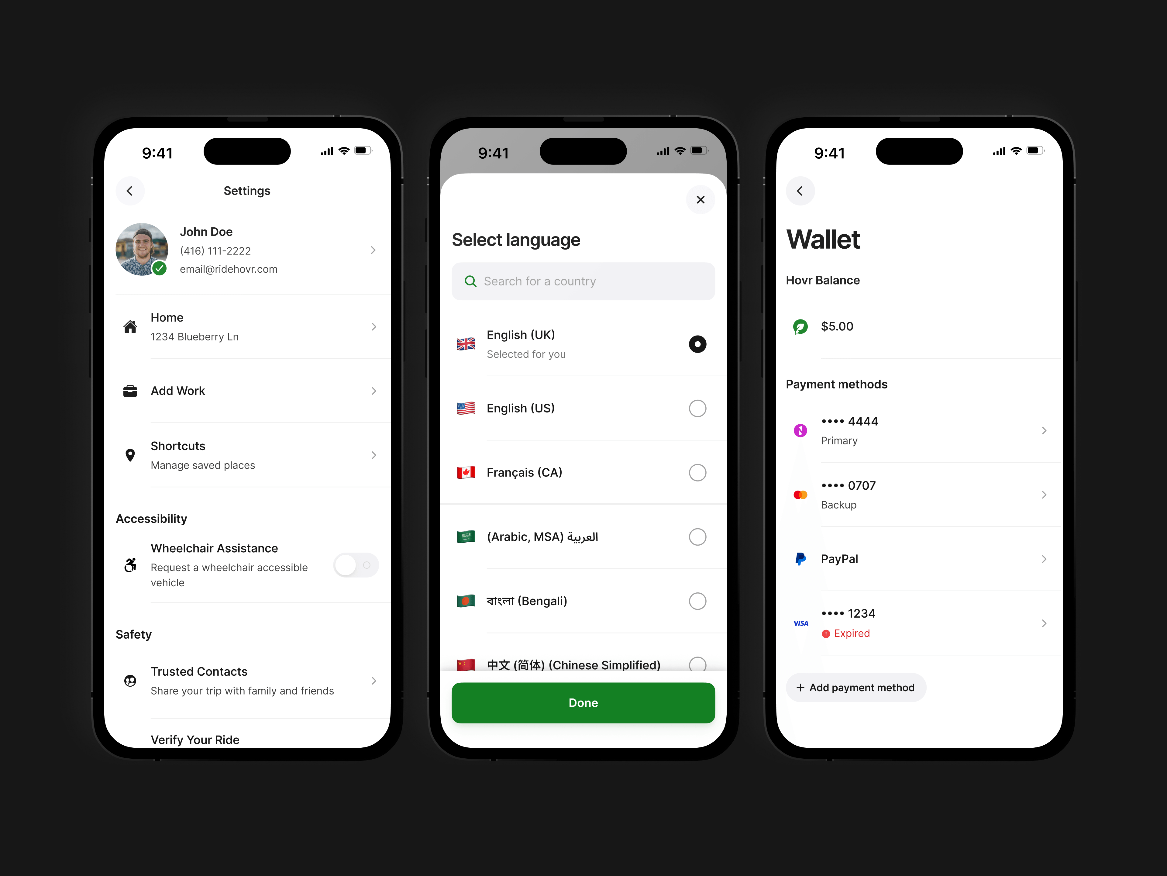 The Hovr rider app settings screen