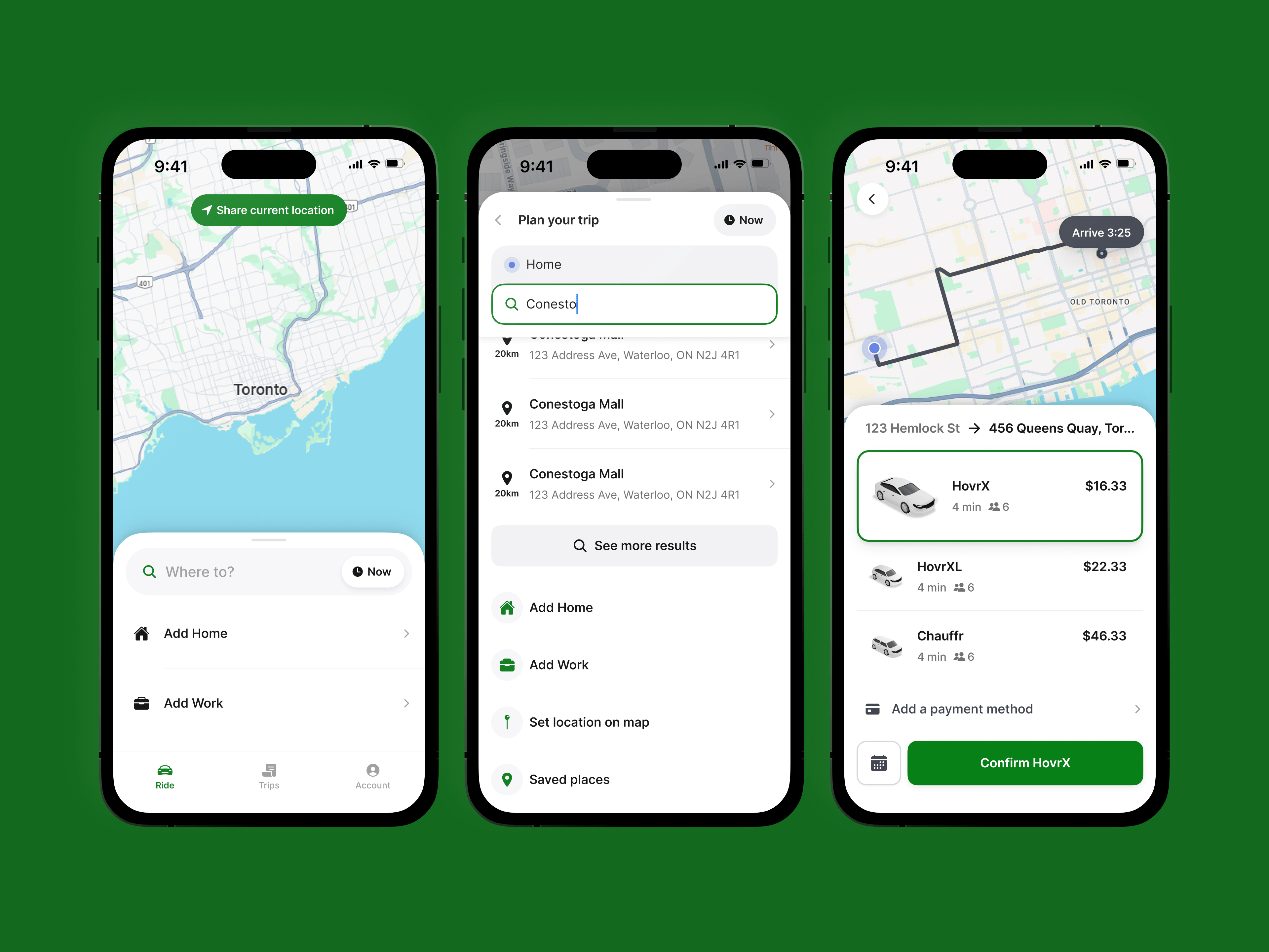 Three screens of the Hovr rider app ride-booking flow: the home map, trip planning, and ride selection