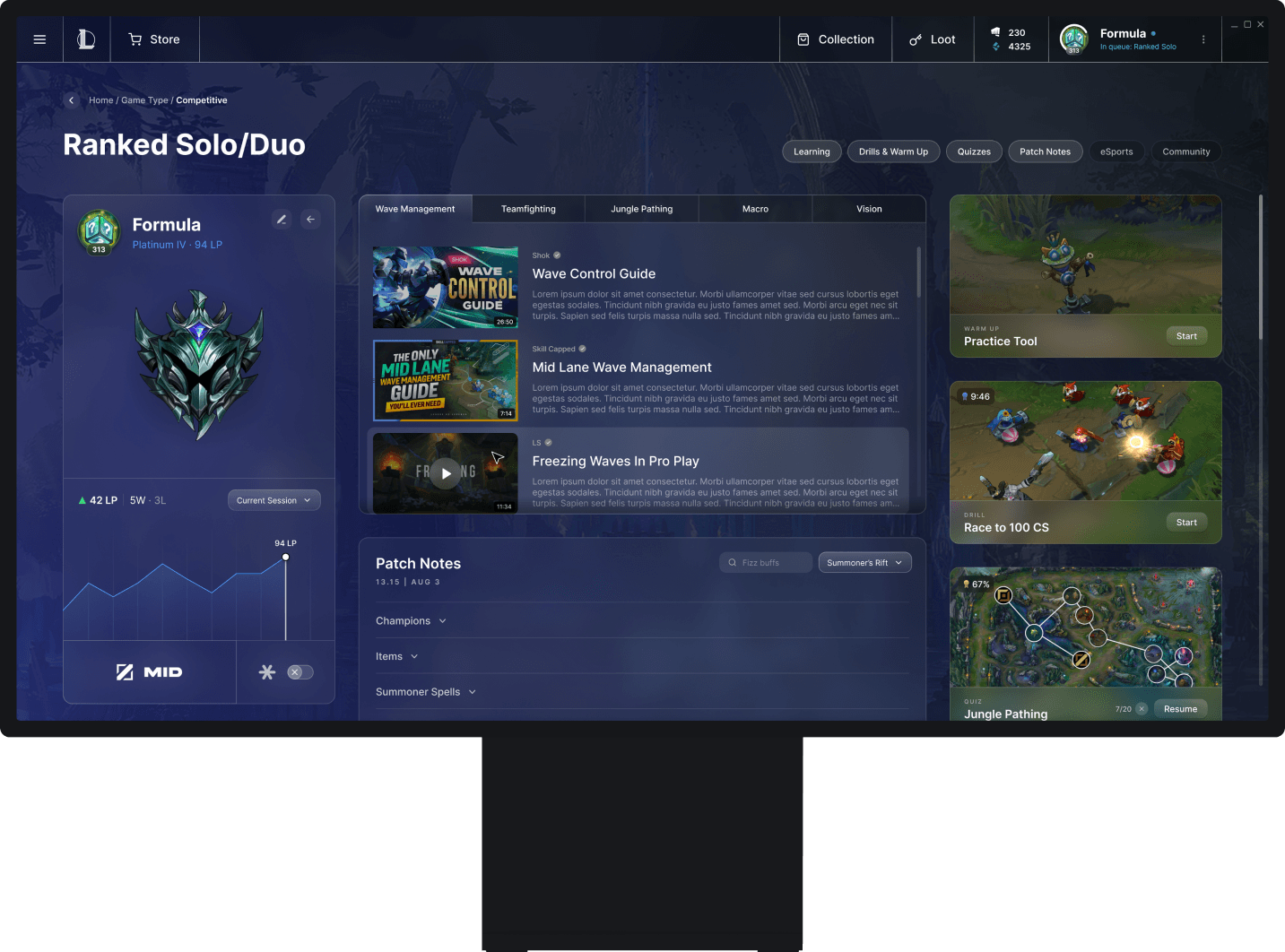 The redesigned League of Legends client shown as a modular dashboard on an Apple display