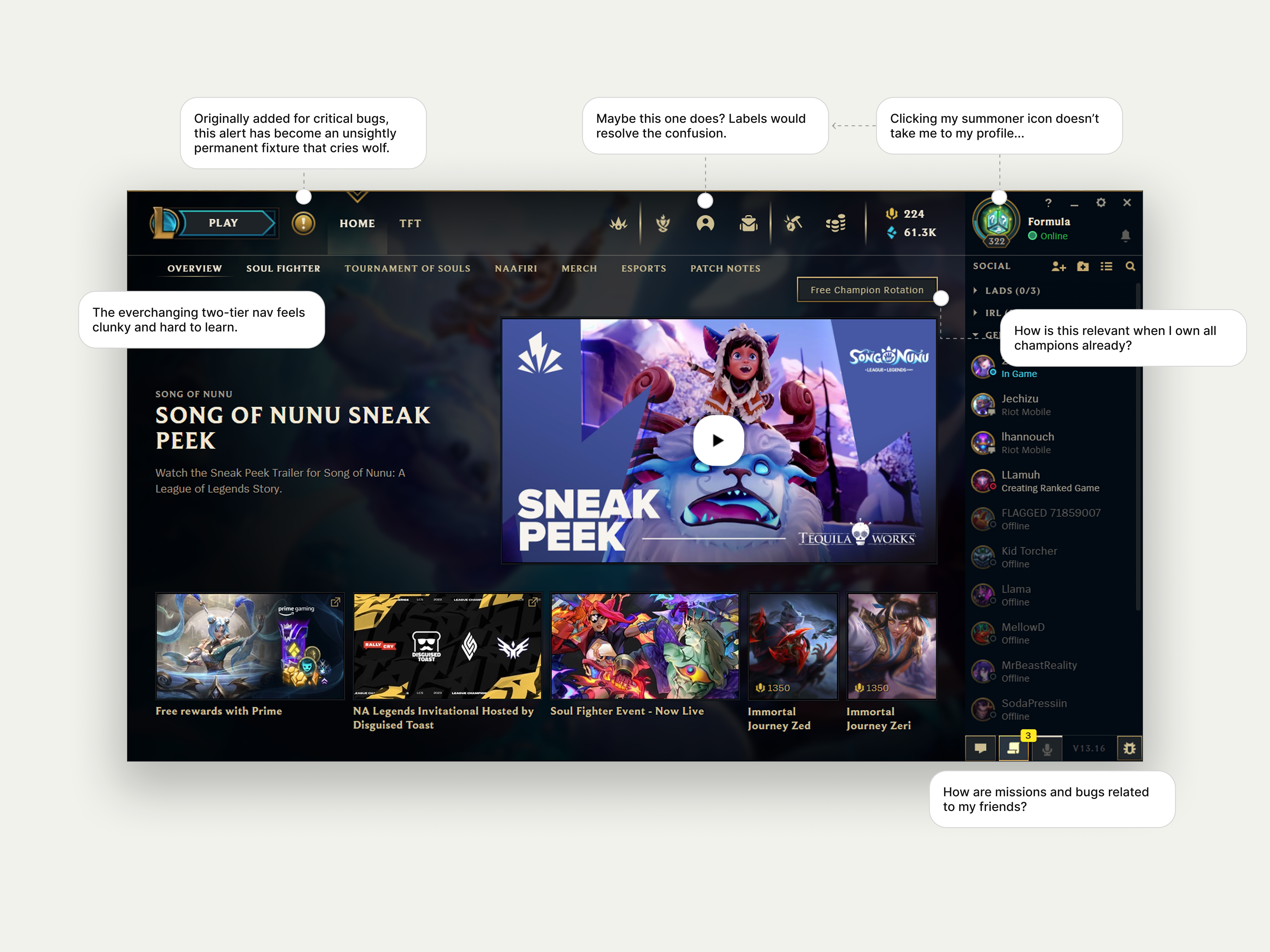 Annotated analysis of the current League client home screen