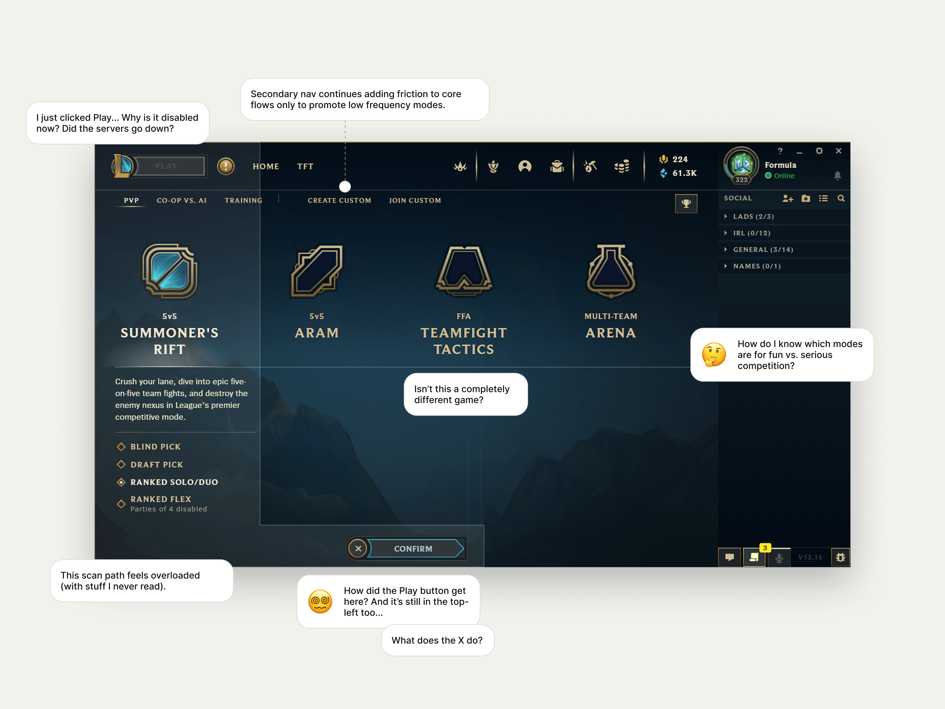 Annotated analysis of the current mode selection screen