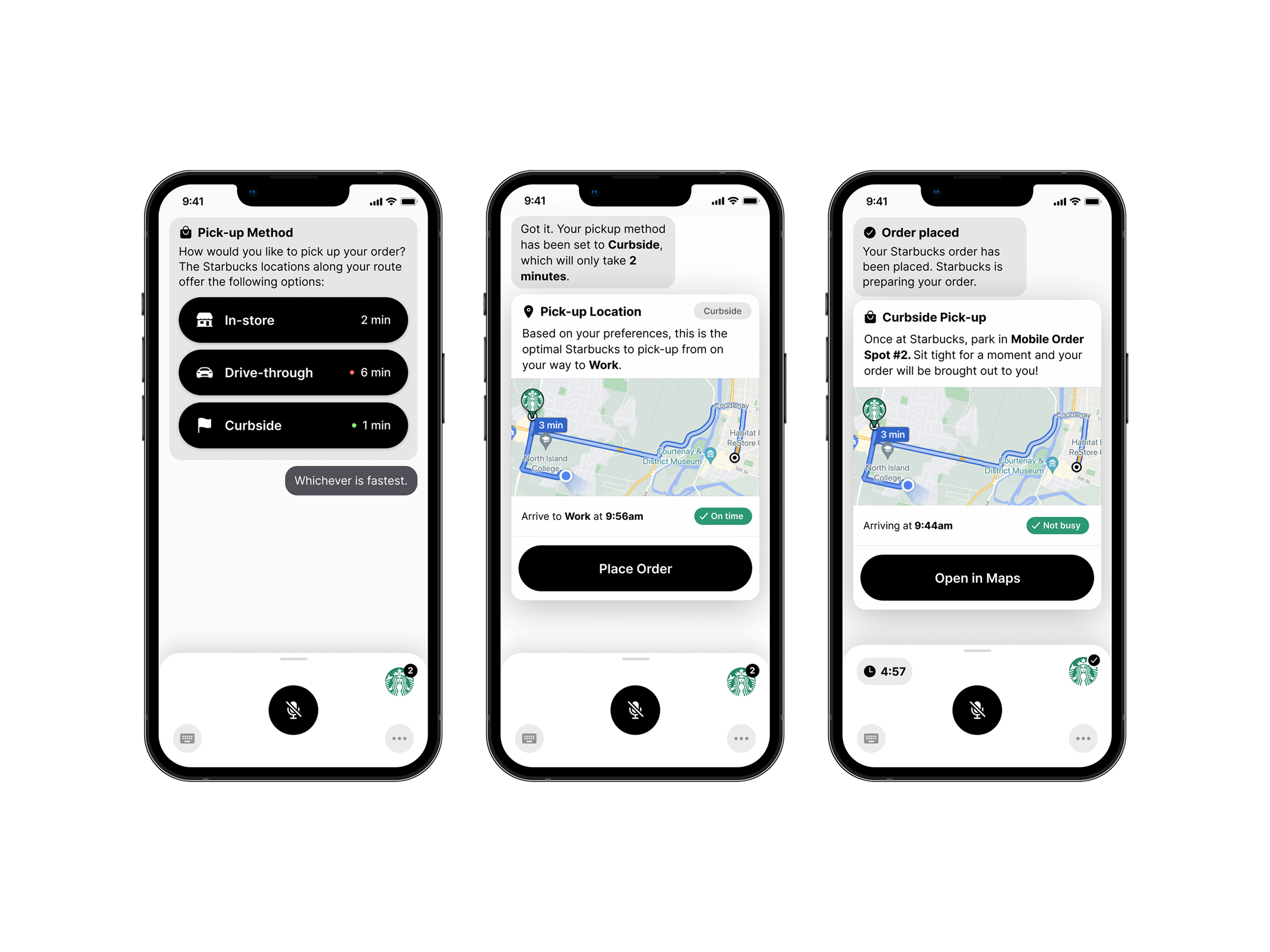 Choosing a pickup method, the suggested optimal location with true ETA, and the placed order