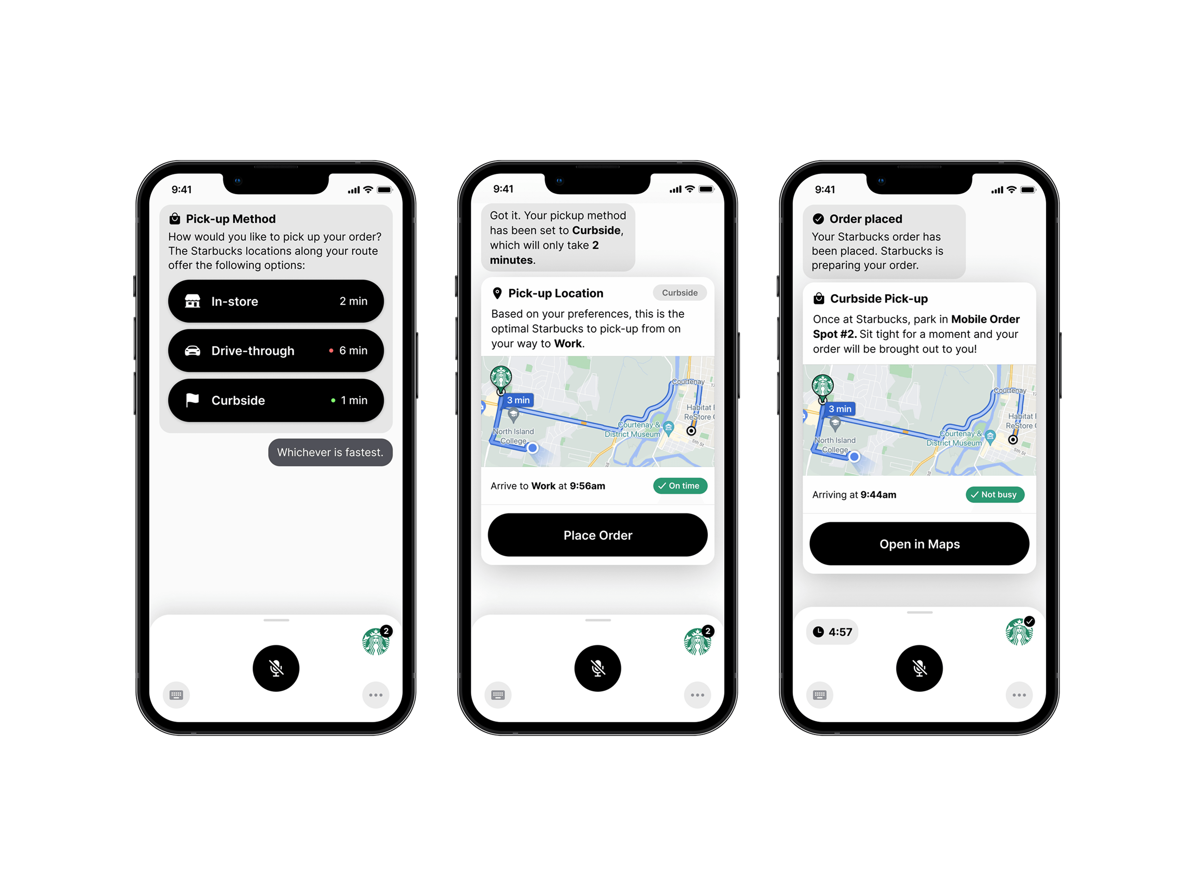Choosing a pickup method, the suggested optimal location with true ETA, and the placed order