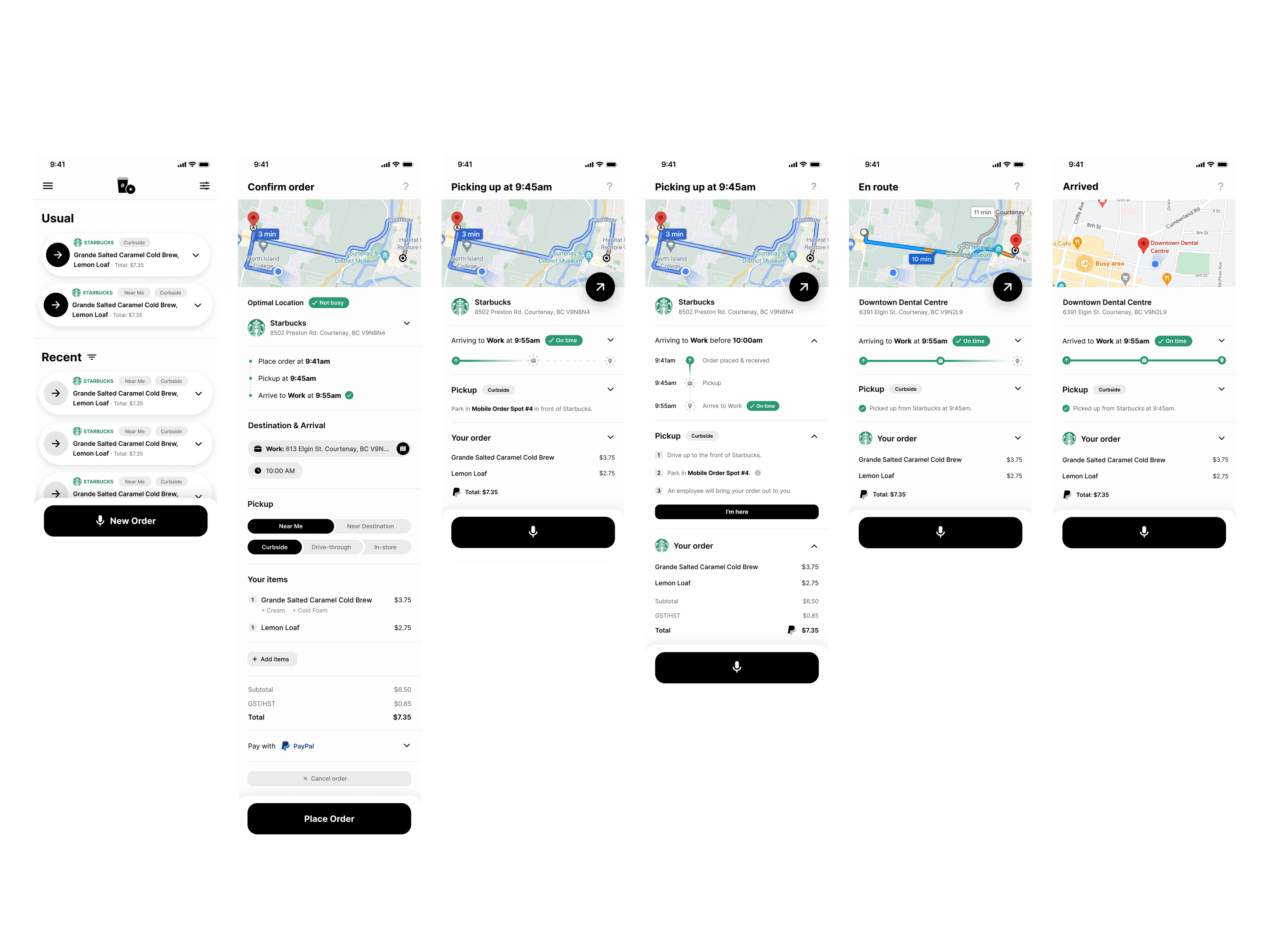 The home screen surfacing past voice orders as usuals, re-ordered in a single swipe