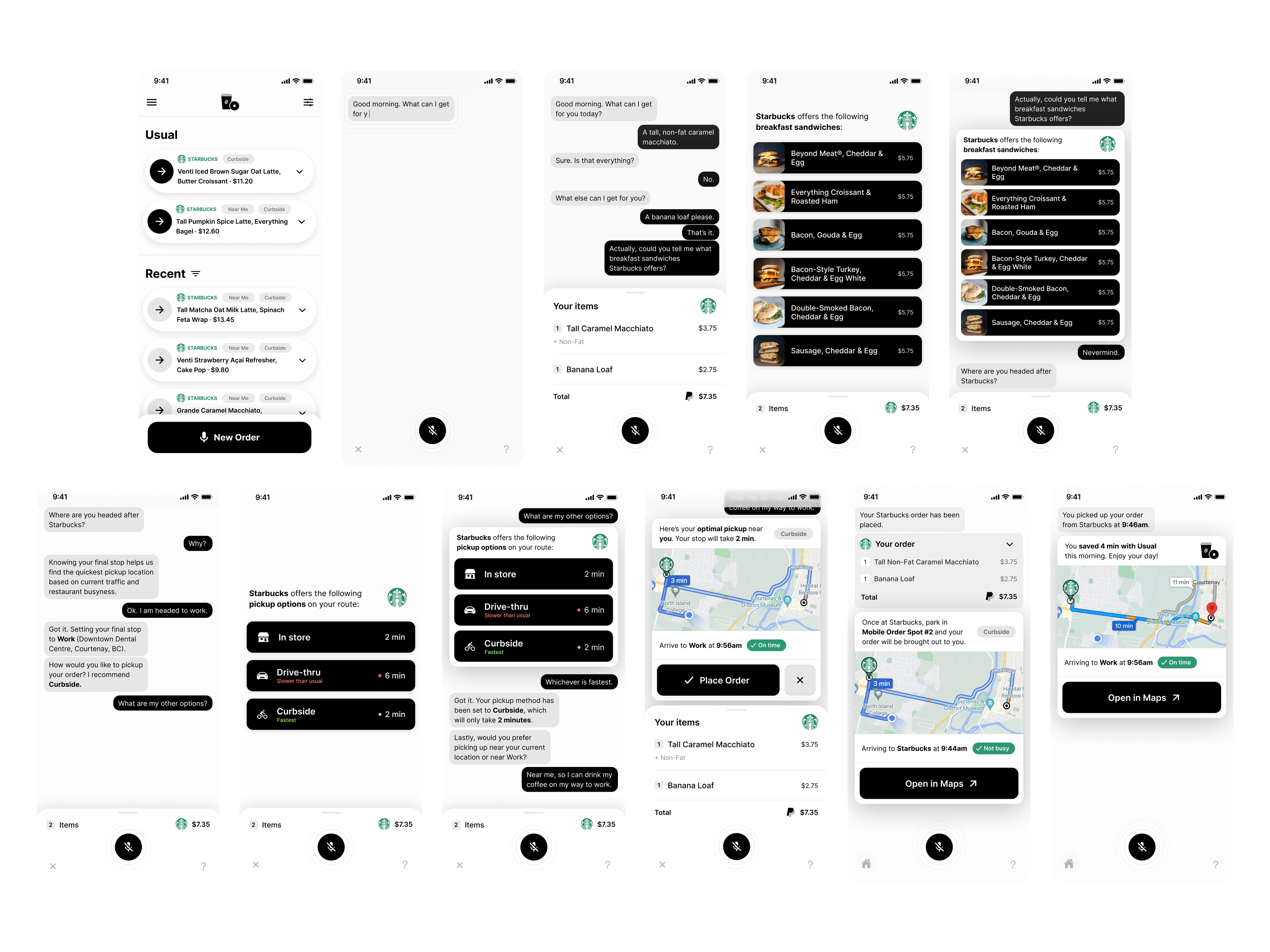 First-version screens: the high-contrast voice-ordering chat UI across the order flow