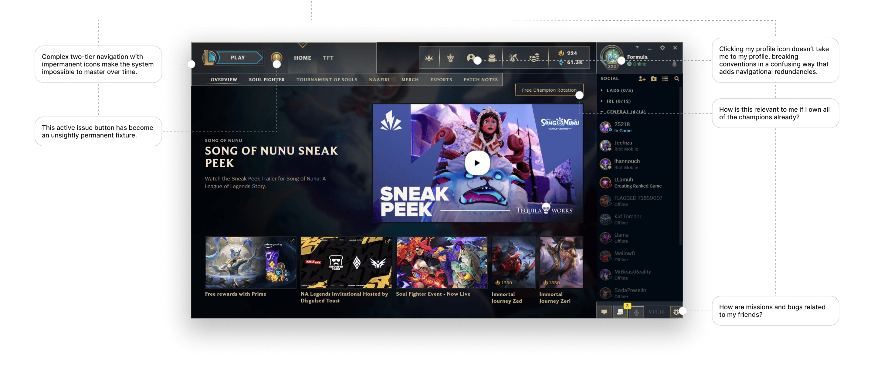 Annotated analysis of the current League client home screen
