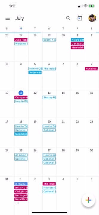 The Google Calendar app on an iPhone