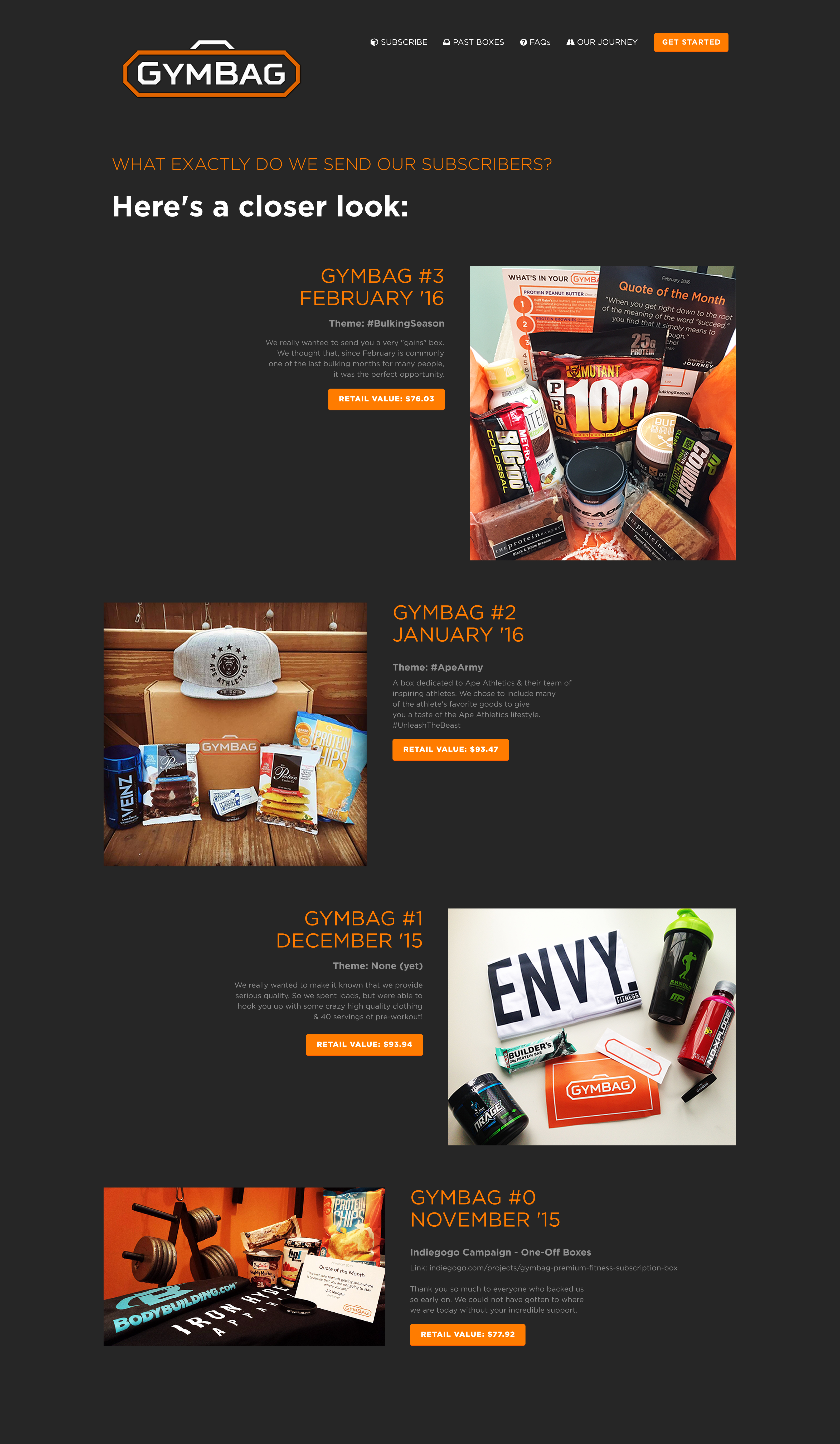 The Past Boxes page: every shipment laid out by theme, contents, retail value, and a real photo