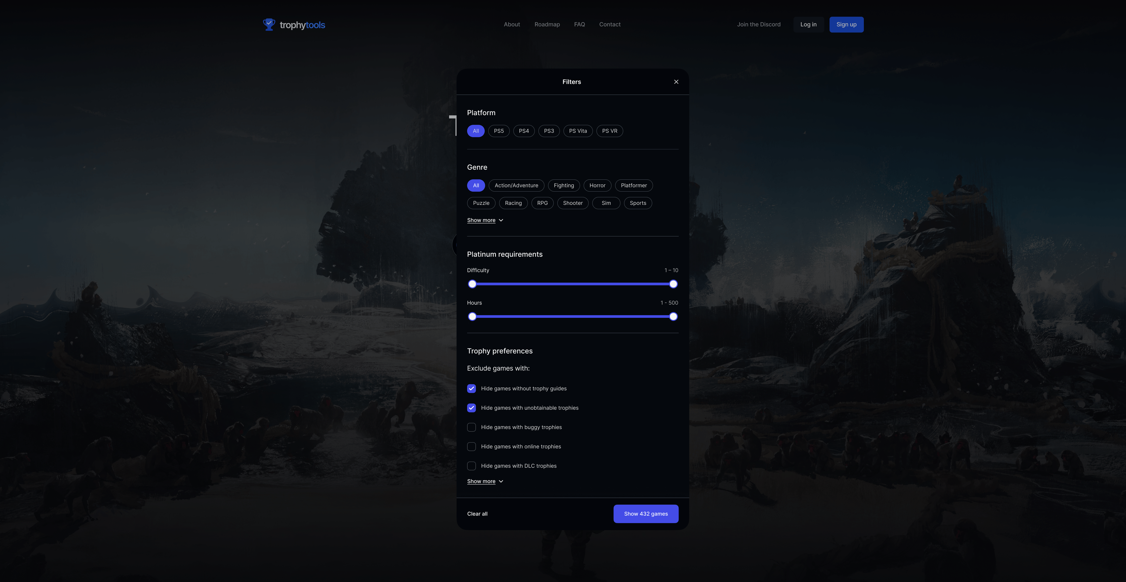 Filtering across the catalog by difficulty, completion time, and trophy type