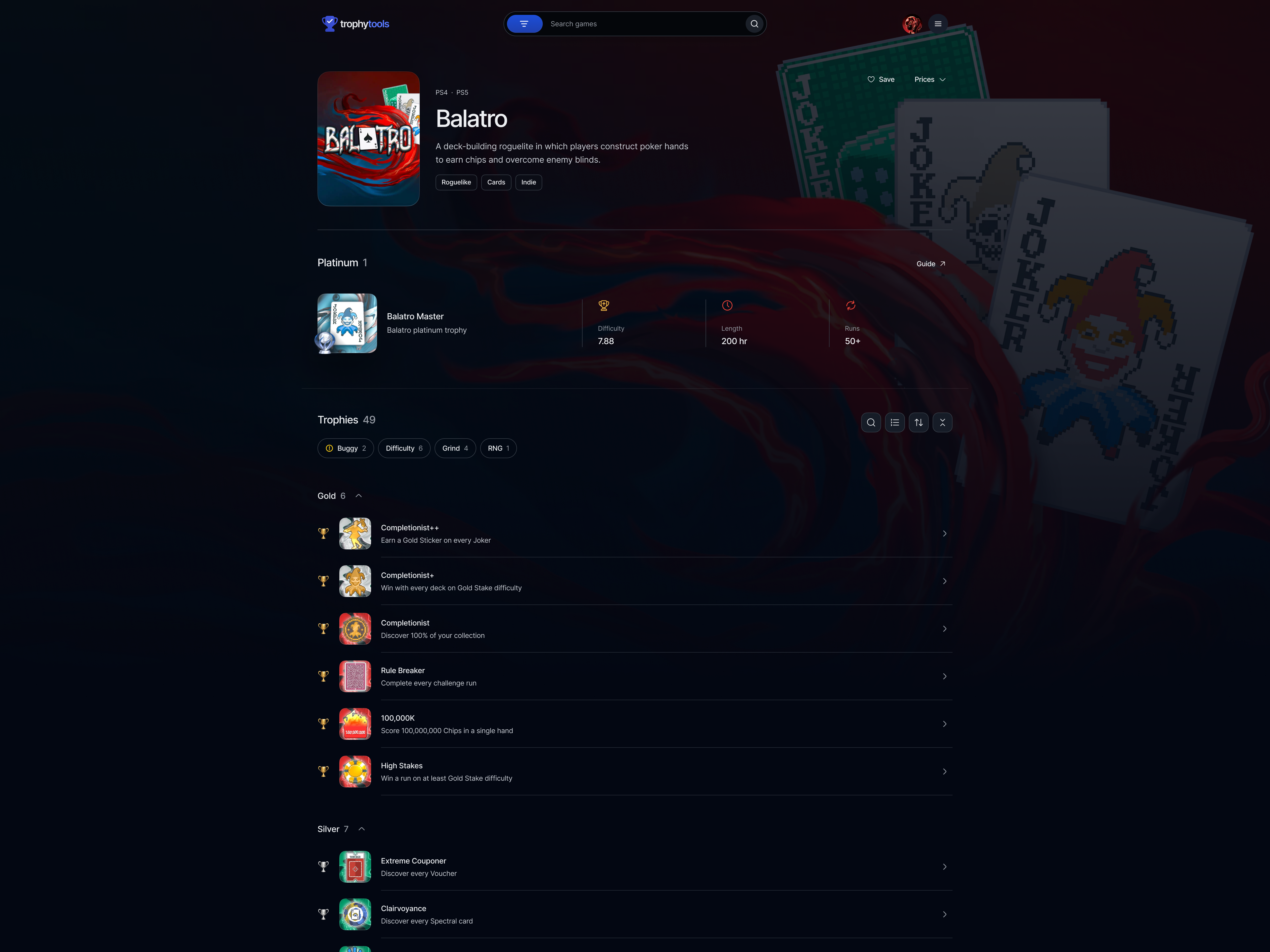 A game's detail page with its trophy list, difficulty, completion, and key trophy info