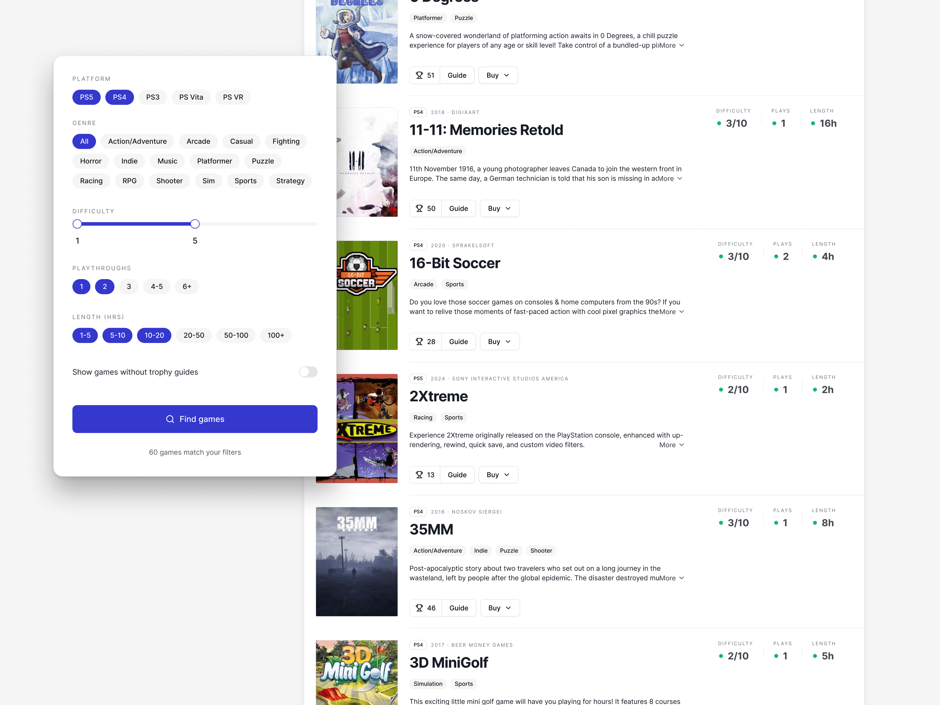 Search results: every match with difficulty, playthroughs, and hours-to-platinum at a glance
