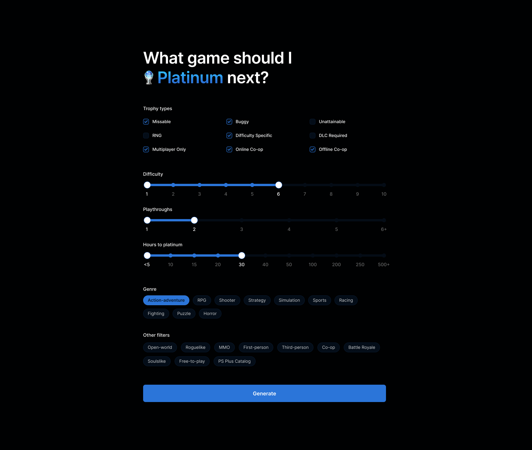 The first concept: every variable that goes into choosing a platinum, collapsed onto a single filter page