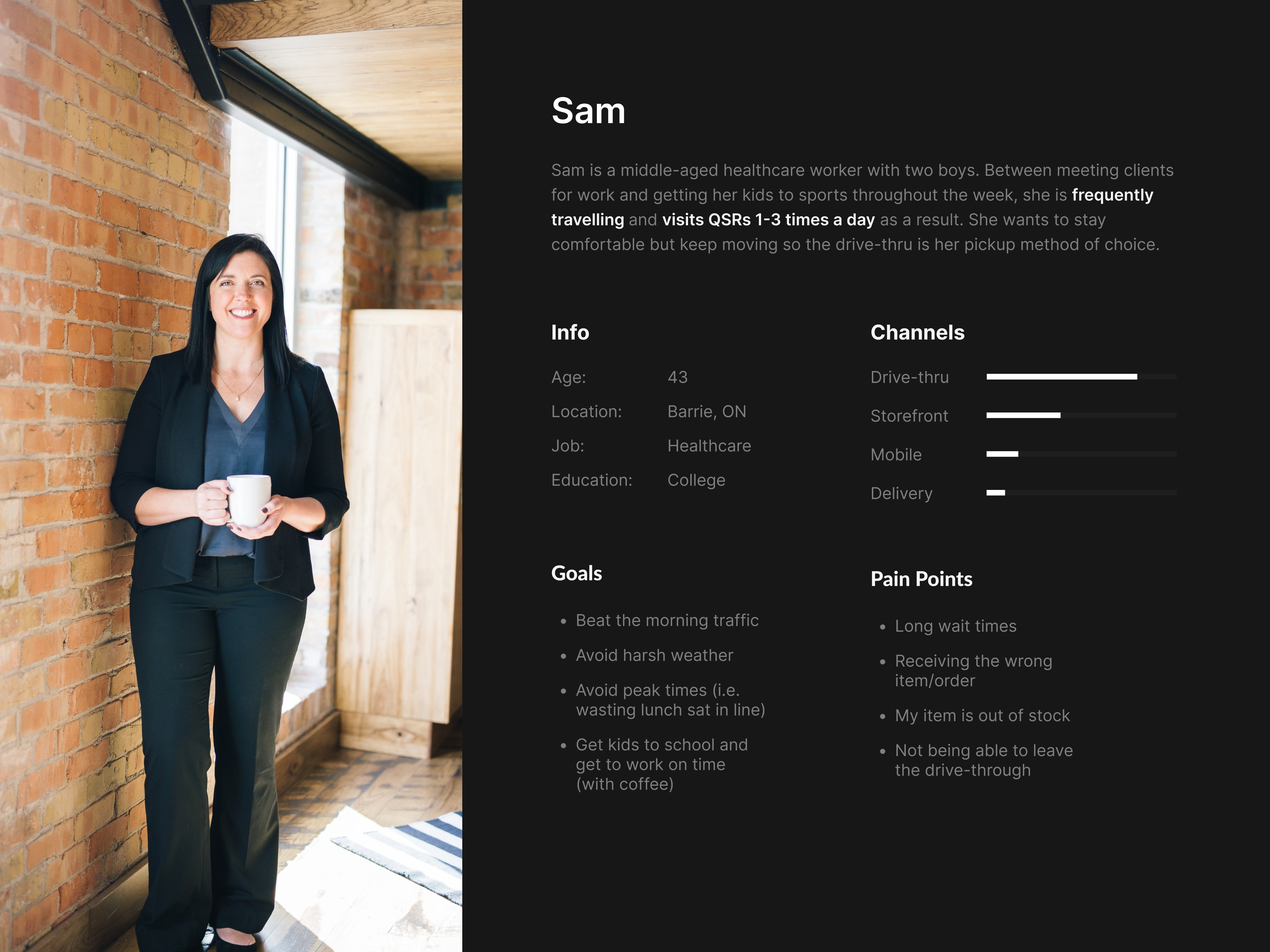 The user persona, Sam — a busy commuter with a morning coffee routine