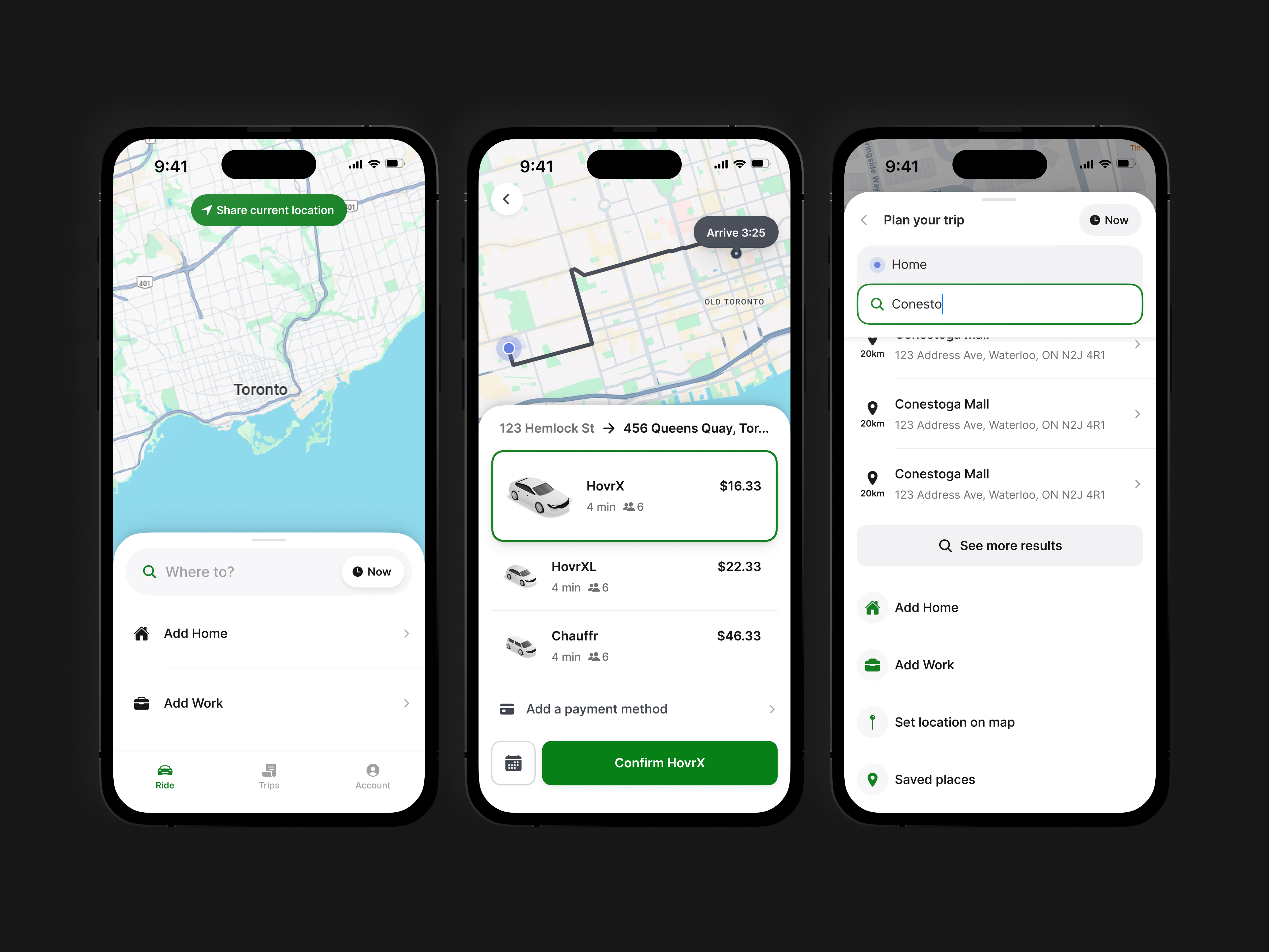 The Hovr rider app ride screen