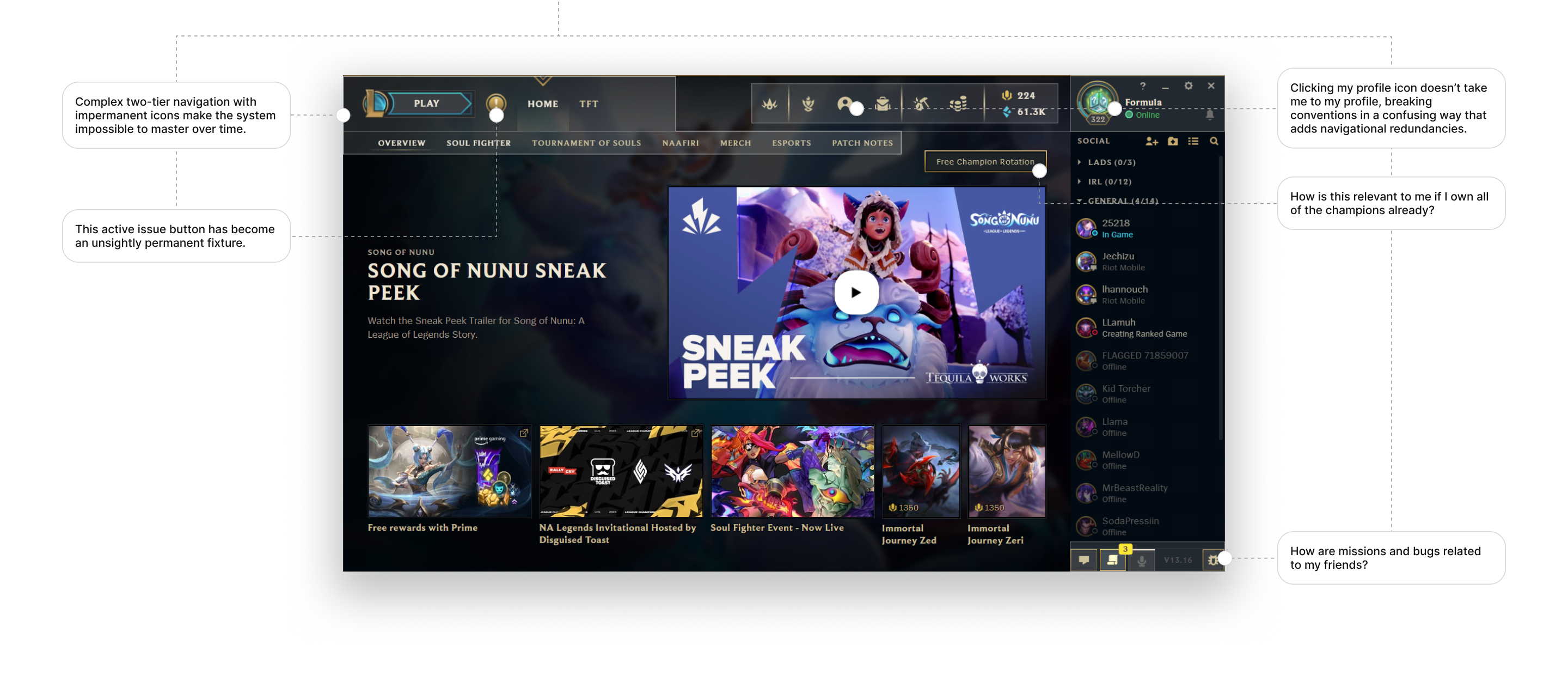 Annotated analysis of the current League client home screen