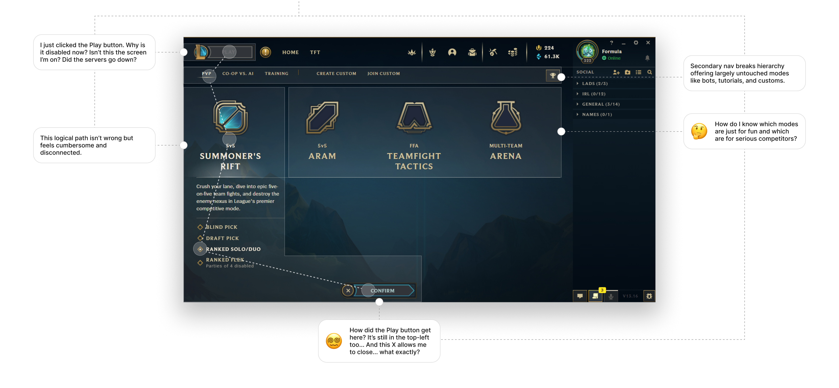 Annotated analysis of the current mode selection screen