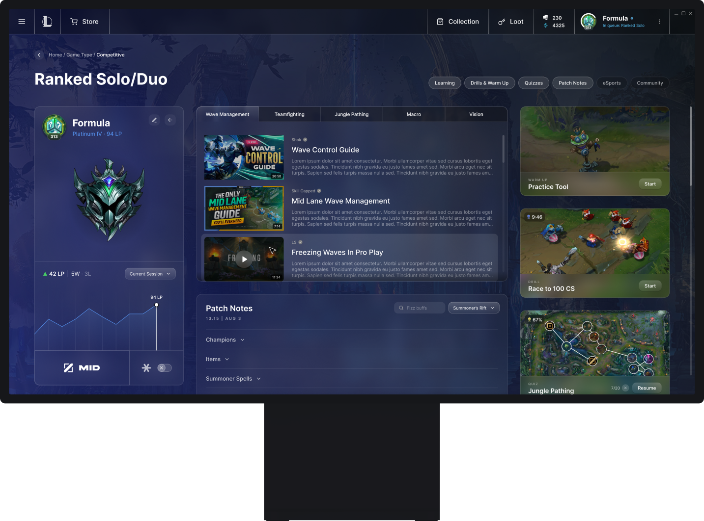 The redesigned League of Legends client shown as a modular dashboard on an Apple display