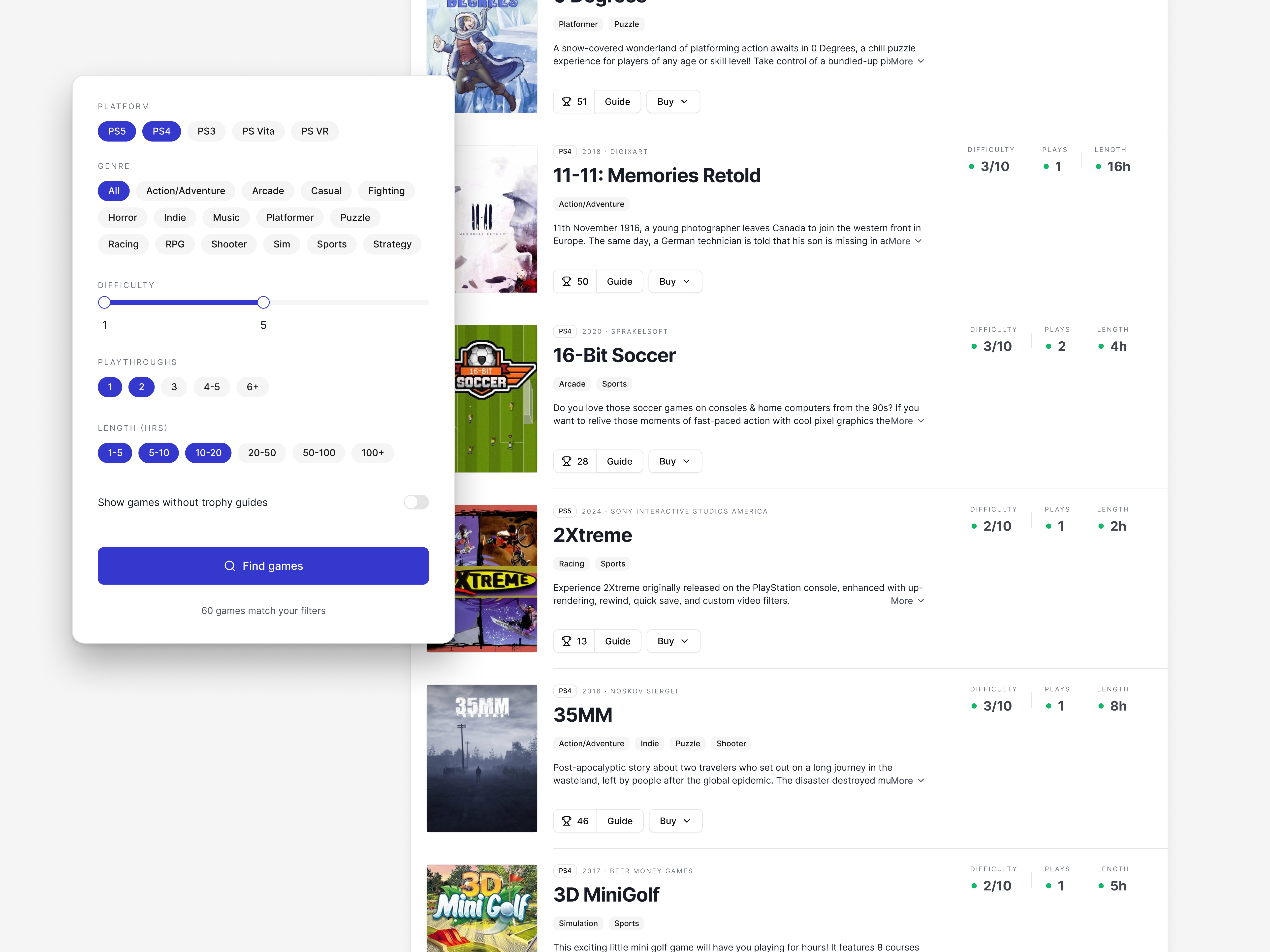 Search results: every match with difficulty, playthroughs, and hours-to-platinum at a glance
