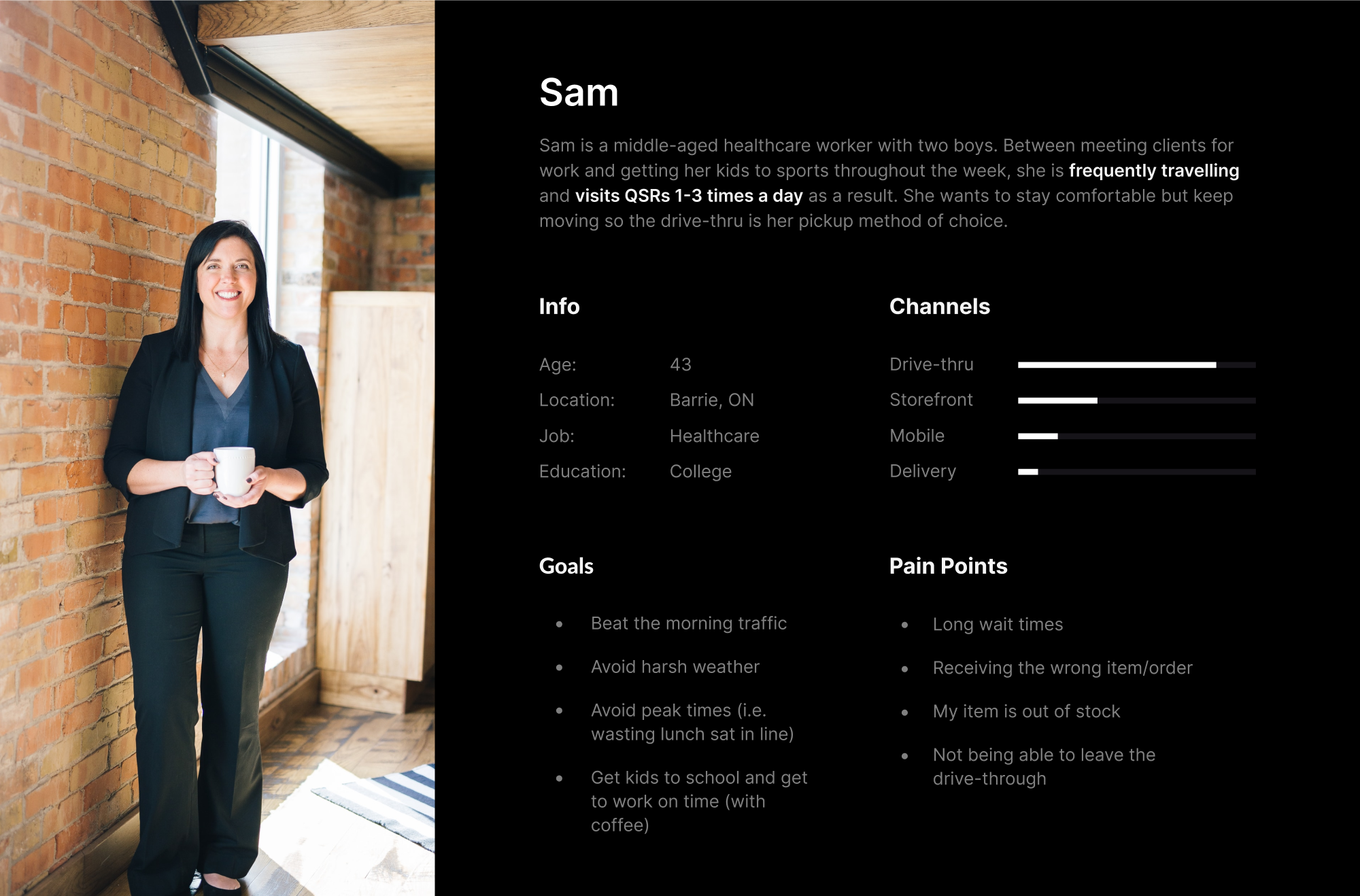 The user persona, Sam — a busy commuter with a morning coffee routine