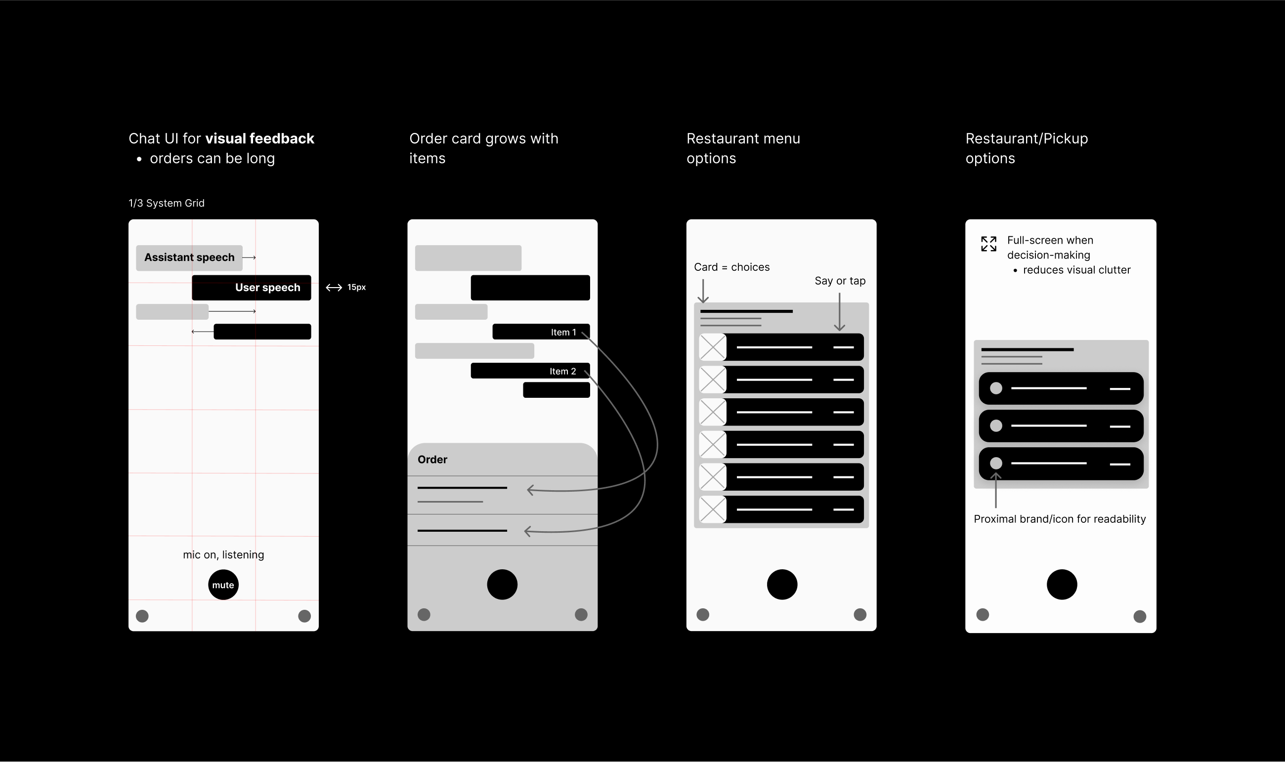Early wireframes mapping the voice-ordering flow